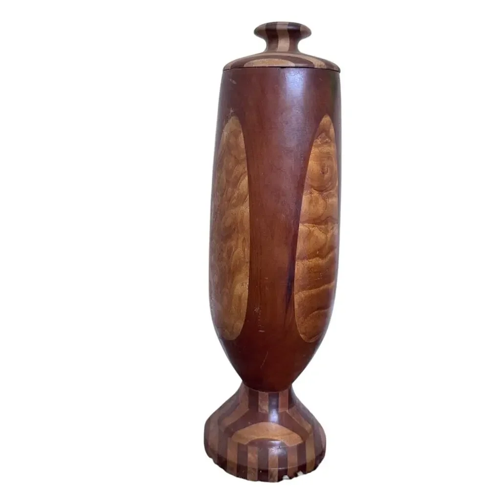 Vintage 1940s Wood Inlay Lidded Vase Artist Signed Unique MCM Home Decor